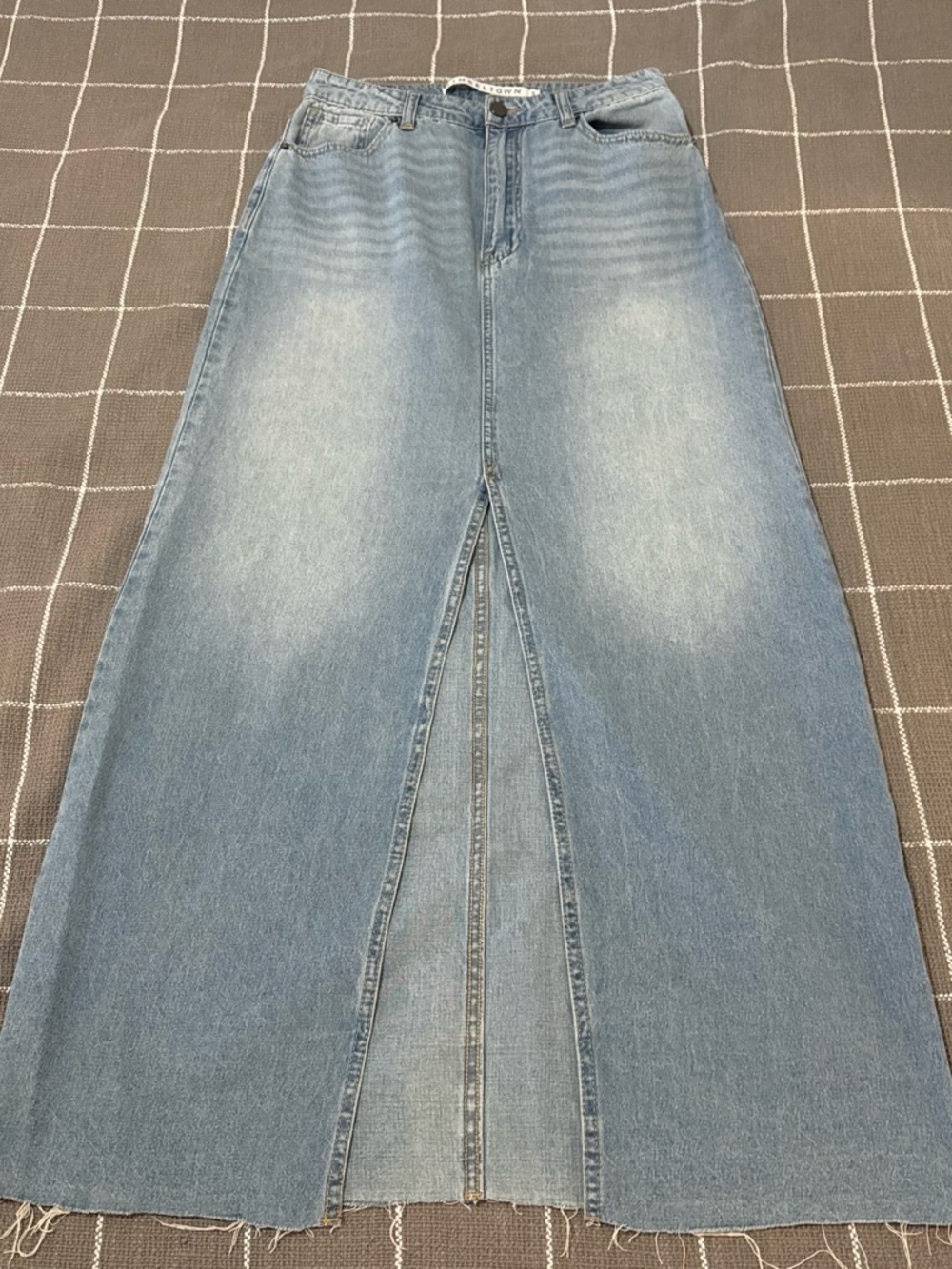 Tinseltown Blue Denim Maxi Skirt with Front Slit, washed texture, unfinished hem